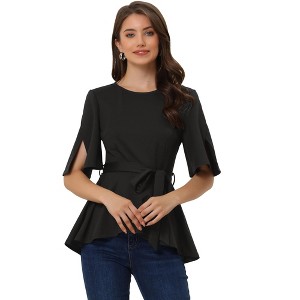 Allegra K Women's Split Half Sleeve Crew Neck Belted Casual Peplum Blouses - 1 of 4