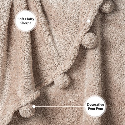 Twin Tan Taupe Sherpa Fleece Throw Blanket with Pom-Pom Fringe