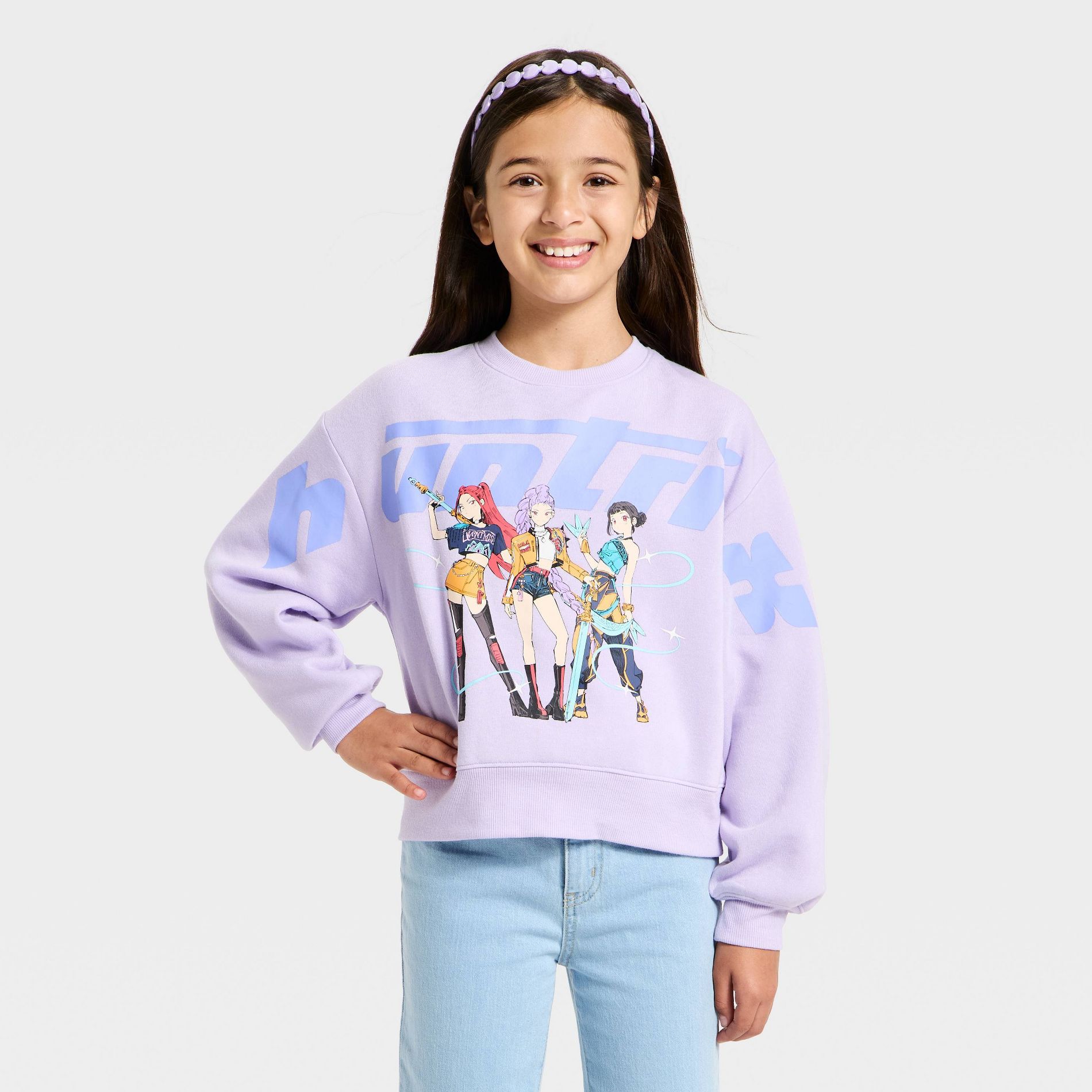 Girls' KPop Demon Hunters Huntrix Graphic Pullover Sweatshirt - Lilac Purple