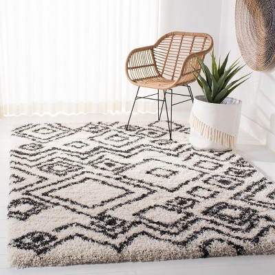 Ivory and Charcoal Geometric Shag 5' x 7' Area Rug