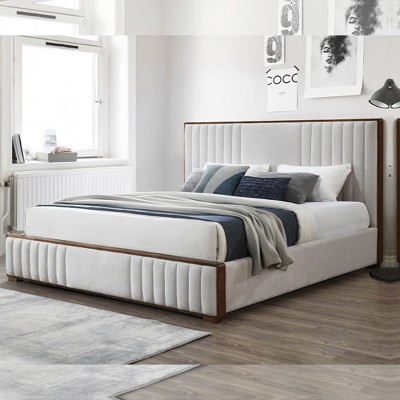 Kaleea Light Gray Chenille and Walnut Queen Bed