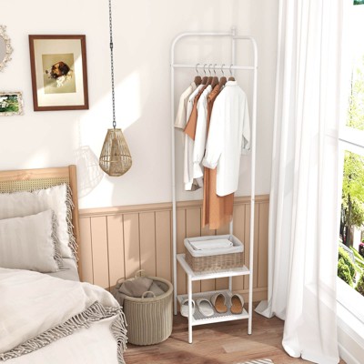 White Metal Corner Coat Rack with Mesh Shelves and Hanger