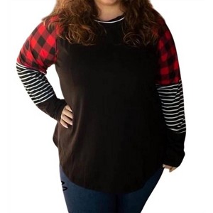Women's Plaid Stripe Raglan Top - Shirley Stone - 1 of 3