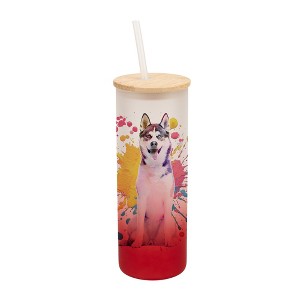 100 North 25 Ounce Frosted Glass Gradient Travel Tumbler With Straw & Wooden Lid, Siberian Husky Paint Splatter Red - 1 of 4