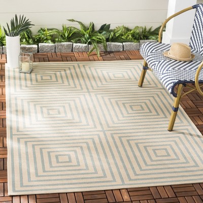 Cream and Aqua Geometric Easy Care Indoor/Outdoor Rug, 4' x 6'