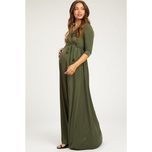 PinkBlush Olive Green Draped 3/4 Sleeve Maternity Maxi Dress - 1 of 4