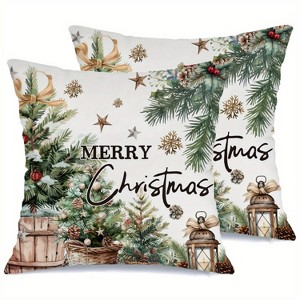 Lomsoe 2pcs Christmas Throw Pillow Covers - Merry Christmas Pine Branches Holly Leaves Pinecones Berries Bow Star Designs, Zip Closure, Holiday Decor - 1 of 4