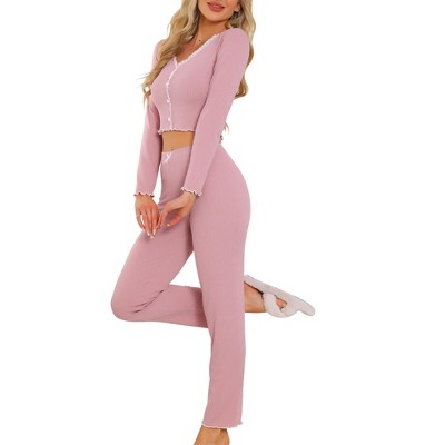 INSPIRE CHIC Women's Long Sleeve Full Length Solid Flounce Pajama Set Lounge Set