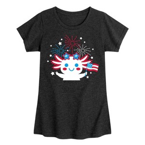 Girls' - Instant Message - Axolotl Red White and Blue Fireworks with Flag Fitted Short Sleeve Graphic T-Shirt - 1 of 4