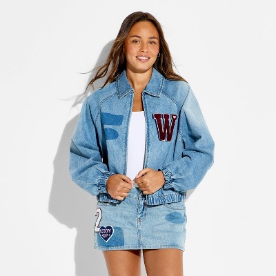 Женские куртки Wild Fable Women's Denim Patchwork Varsity Jacket - Wild Fable™ Medium Wash XXS — фото 2