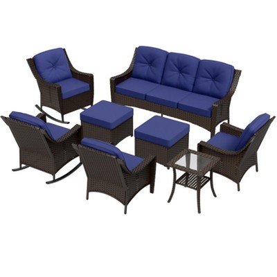 EAGLE PEAK Azure Bay 8 Pieces Wicker Outdoor Patio Furniture Set, Sofa 4 Chairs with Ottomans and Side Table, Blue