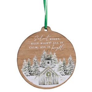 Dickson's Silent Night Holy Night - Country Church Winter Scene - 4.25 x 4 Inch Brown/Green/White MDF Decorative Hanging Ornament - 1 of 2