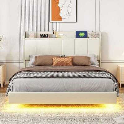 Streamdale Queen Size Floating Bed Frame with Storage Headboard, Modern Upholstered Platform Bed with Touch Sensor Night Light and USB Charger, Beige