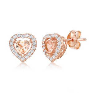 Bella Silver Sterling Silver, Heart Morganite CZ with White CZ Border Stud Earrings - Rose Gold Plated - Rose - 1 of 3