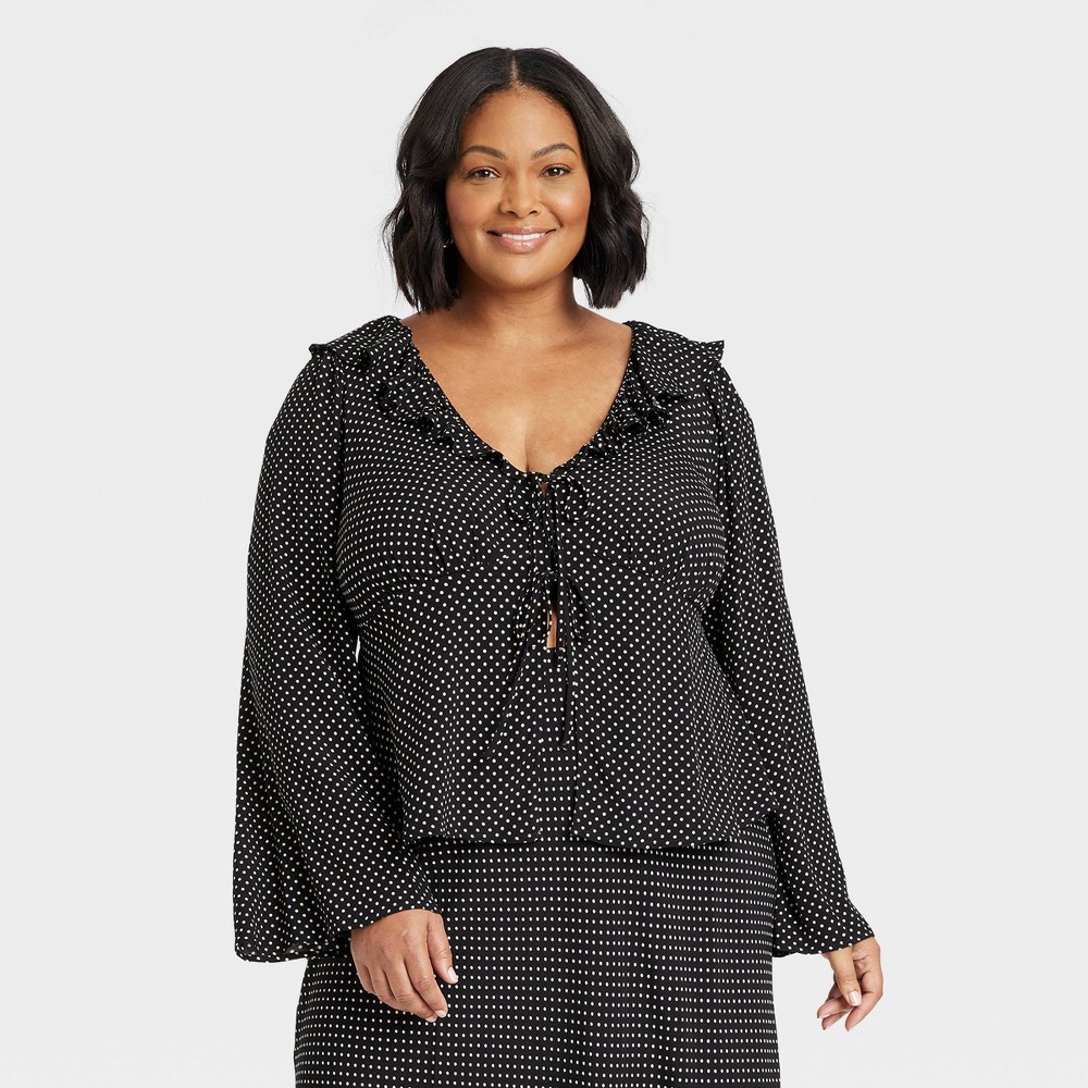 Women's Long Sleeve Tie-Front Ruffle Top - Ava & Viv™ Black/White Polka Dots 4X