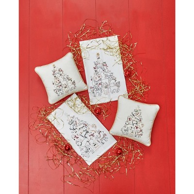 White Cotton Embroidered Christmas Puppy Tree Square Pillow