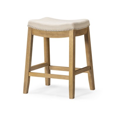 HomeRoots 26" Natural Fabric Faux Leather and Solid Wood Backless Counter Height Bar Chair