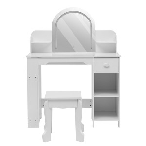 Kids Vanity with Lighted Mirror & Stool, Little Girls Vanity with Adjustable LED Light, Bookshelf, Storage Drawer & Shelves for Girls 3-9 - 1 of 4