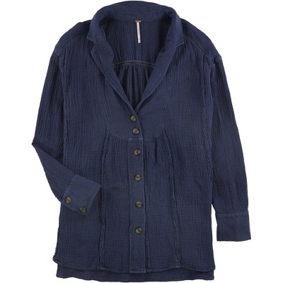 Free People Womens All About the Feels Button Up Shirt, Blue, Large