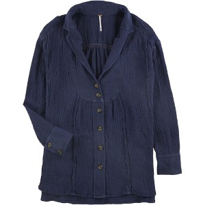 Free People Womens All About the Feels Button Up Shirt, Blue, Large - 1 of 1