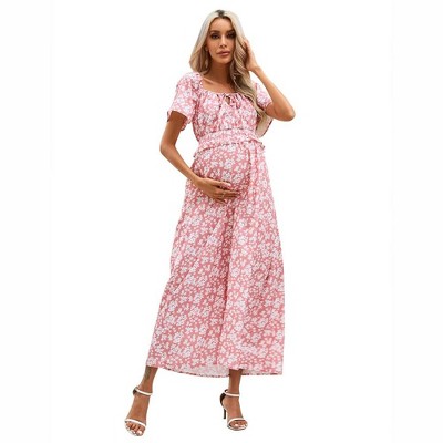 Maternity Square Neck Short Sleeve Dress Summer Smocked Waist Ruffle ...