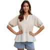 Knit & Lounge Women’s Mixed Media Layered V-Neck Top Gingham Waffle Knit Short Puff Sleeve Cotton Peplum Hem - 2 of 4