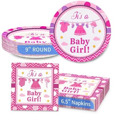 DYLIVeS Pink Baby Girl Shower Disposable Tableware - Paper Dinner Plates and Napkins for Gender Reveal, Birthday Party Supplies and Decorations