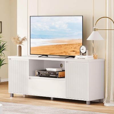 Homhougo Fluted TV Stand, White Entertainment Center for 60/65/70 Inch TVs, Modern Console With Drawer and 2 Cabinets, Media Cabinet, White
