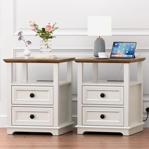 Dyonery Farmhouse Nightstand 18" Blue End Table 2-piece with Charging Station 2 Drawers Storage Open Shelf, for Bedroom, Living Room, White - 1 of 4