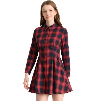 INSPIRE CHIC Women's Plaid Long Sleeves A-Line Button Up Casual Shirt Dress