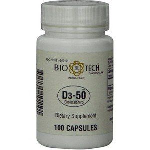 Bio-Tech Pharmacal D3-50 Vitamin D3 50,000 IU – High-Potency Supplement for Bone, Heart, Immune & Neuromuscular Health – 100 Capsules - 1 of 4
