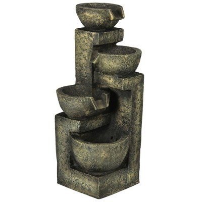 Rustic Gray Stone Look 4-Tier Outdoor Fountain with LED Lights