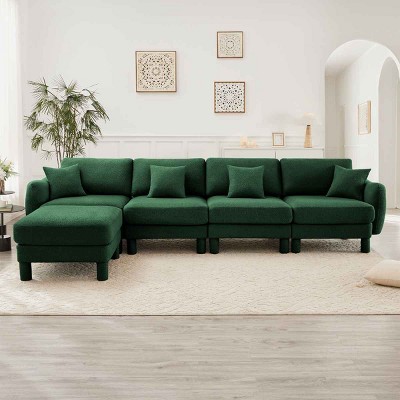 L-Shape Sectional Sofa with Ottoman, 4-Seater Sofa with Armrests and Cylindrical Legs, Boucle Fabric Couch with Cushion-Coolbibila