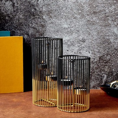 Set of 2 Black and Gold Metal Geometric Candle Holders
