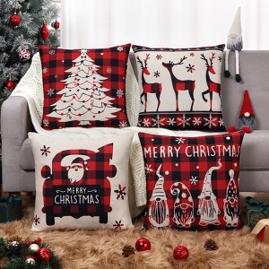 Christmas Decorative Pillow Covers 18x18 in Set of 4 Red and Black Buffalo Plaid Xmas Throw Pillow Covers, Xmas Tree Elk Santa Cushion Case for Sofa - 1 of 4
