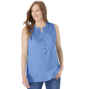 Woman Within Women's Plus Size Smocked Henley Tank Top - 1 of 4