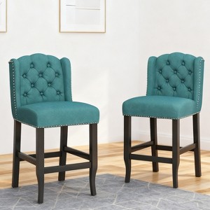 27" Contemporary Tufted Fabric Wingback Counter Stools, Set of 2, Green Teal with Dark Brown Legs, Stylish and Comfortable Counter Chairs - 1 of 4