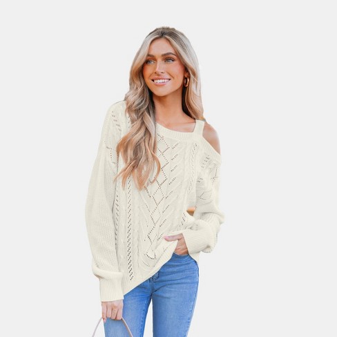 Women's Cutout Cable Knit One-Shoulder Sweater - Cupshe-M-Off-White
