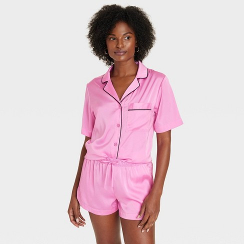 Women s Satin Notch Collar Short Sleeve And Shorts Pajama Set Auden Pink Xxl Target