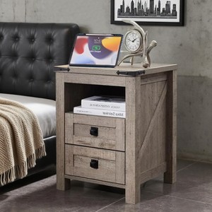 Farmhouse Nightstand wtih Charging Station, 18" End Table Side Table with 2 Drawers for Bedroom, Living Room - 1 of 4