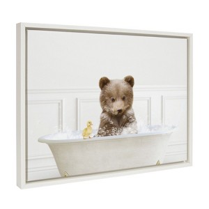 Kate and Laurel Sylvie Bear Cub In Bubble Bath Neutral Style Framed Canvas by Amy Peterson Art Studio, 18x24, White - 1 of 4