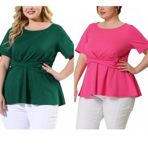 Women's Plus Size 2 Piece Twisted Knot Front Short Sleeves Crew Neck Solid Casual Peplum Blouses - Agnes Orinda - 1 of 4