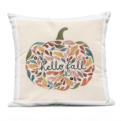 Stupell Industries Hello Fall Mixed Leaves Pumpkin Shape Calligraphy Outdoor Decorative Throw Pillow, 18 x 18