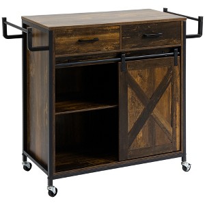 HOMCOM Rustic Farmhouse Kitchen Cart, Rolling Storage Island with Adjustable Shelf, Two Drawers, Sliding Barn Door Cabinet and Towel Rack - 1 of 4