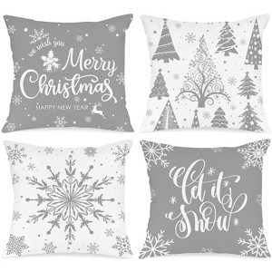 White and Grey Christmas Throw Pillow Covers 18x18 Set of 4, Decorative 18 inch Gray Winter Snowflake - 1 of 2