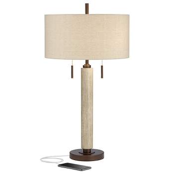 Franklin Iron Works Hugo Modern Mid Century Table Lamp 28 1/2" Tall Whitewashed Column with USB Charging Port Oatmeal Drum Shade for Living Room House
