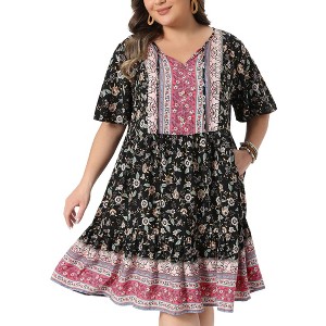 Women's Plus Size Boho Floral Tie Crew Neck Short Sleeve Flowy Beach Summer Midi A Line Sun Dresses - Agnes Orinda - 1 of 4