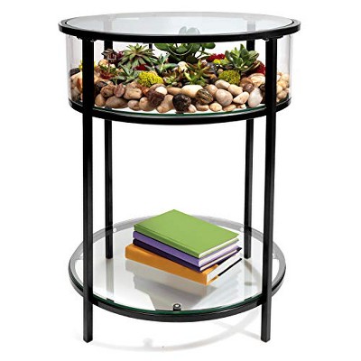 D'Eco Round Terrarium Display End Table w Reinforced Glass in Black Iron - 20"x20x26.5" Height- Indoor Decor for Home or Office- Gift for Plant Lovers