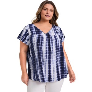GRACE & GRANDEUR Women's Plus Size V Neck Pleated Ruffle Short Sleeve Tie Dye Casual Holiday Blouses - 1 of 4