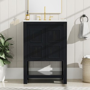24"/36"W Compact Vintage Style Bathroom Vanity Cabinet and Ceramic Sink Combo with Open Shelf 4B - ModernLuxe - 1 of 4
